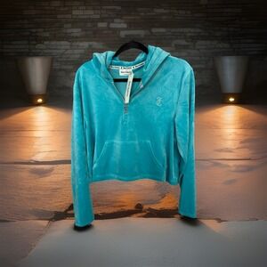 Juicy Couture NWT Turquoise Velour Hoodie Sz L Rhinestone Logo Y2K style (Flaws)